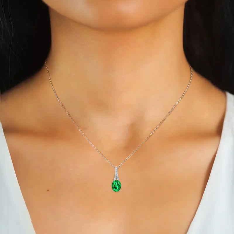 

IOGOU Pear Cut/Oval Cut Artificial Emerald Pendant Necklace for Women 925 Sterling Silver Vintage Trendy Engagement CZ Necklace