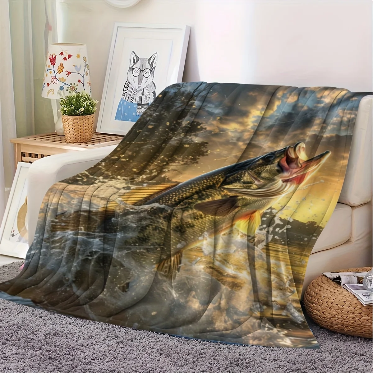 Vintage Fishing-Themed Plush Throw Blanket - Soft Flannel, All-Season Cozy Gift for Anglers, Machine Washable, Mixed Colors with