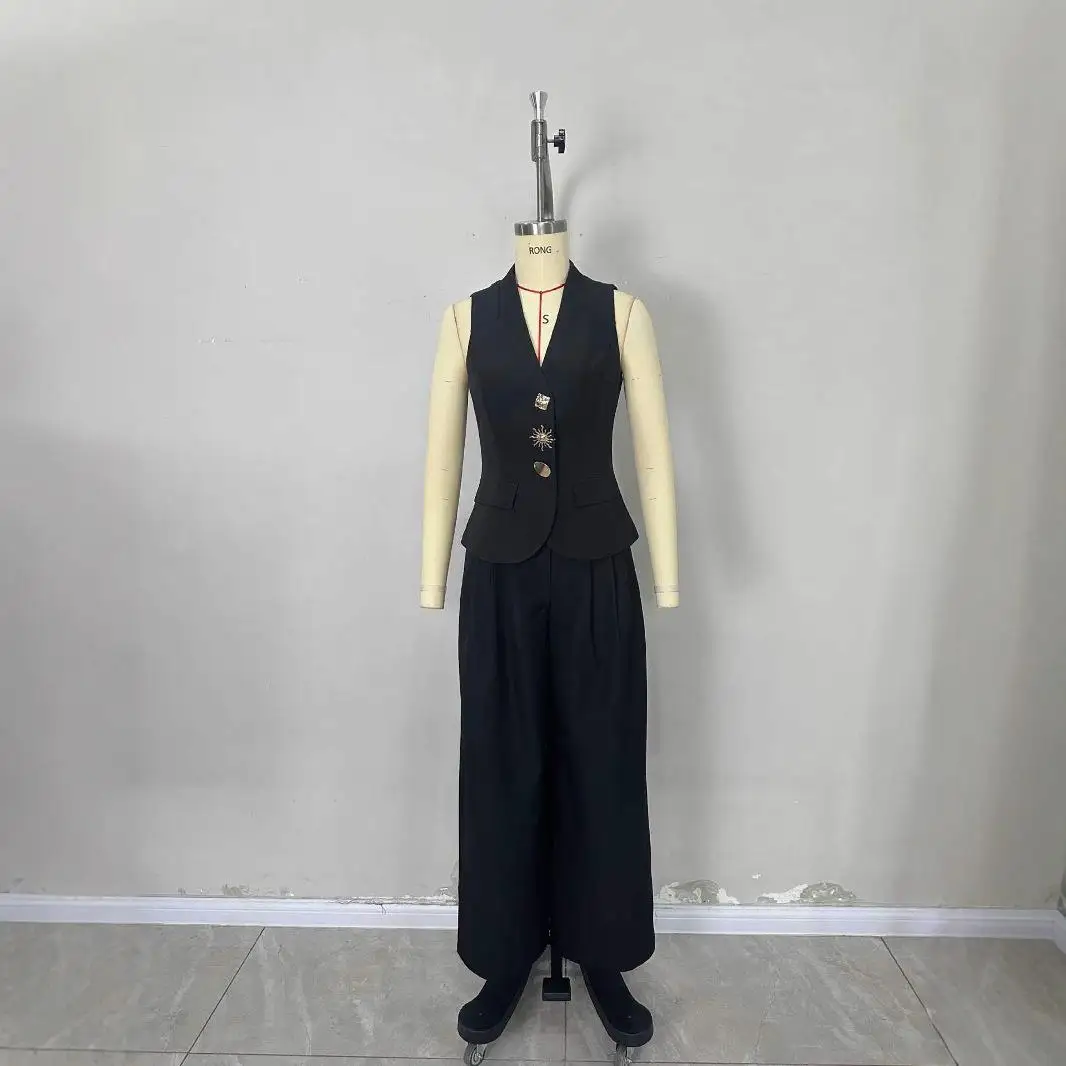 Ele Vita alta Colore puro Svel Set Gilet Pantaloni casual con gambe per donna Tendenza autunno di metà anno