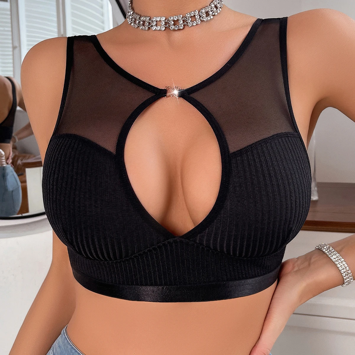 New Fashion Sexy Bras Mesh Hollow Out Female Underwear Ribbed Backless Ladies Bra Black Camisole Party Intimates Lingerie