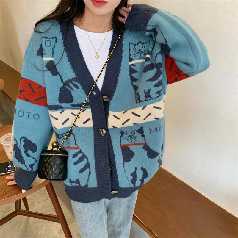 Women\'s Sweater Clothing Fashion Cartoon Cat Animal Cardigan Woman Oversized Tops Korean Knit Long sleeve Sweaters Coat Femme