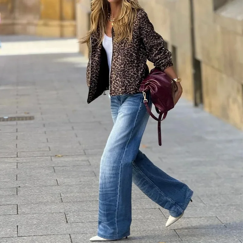 American women's clothing cross-border women's fashion temperament long-sleeved leopard print hooded jacket