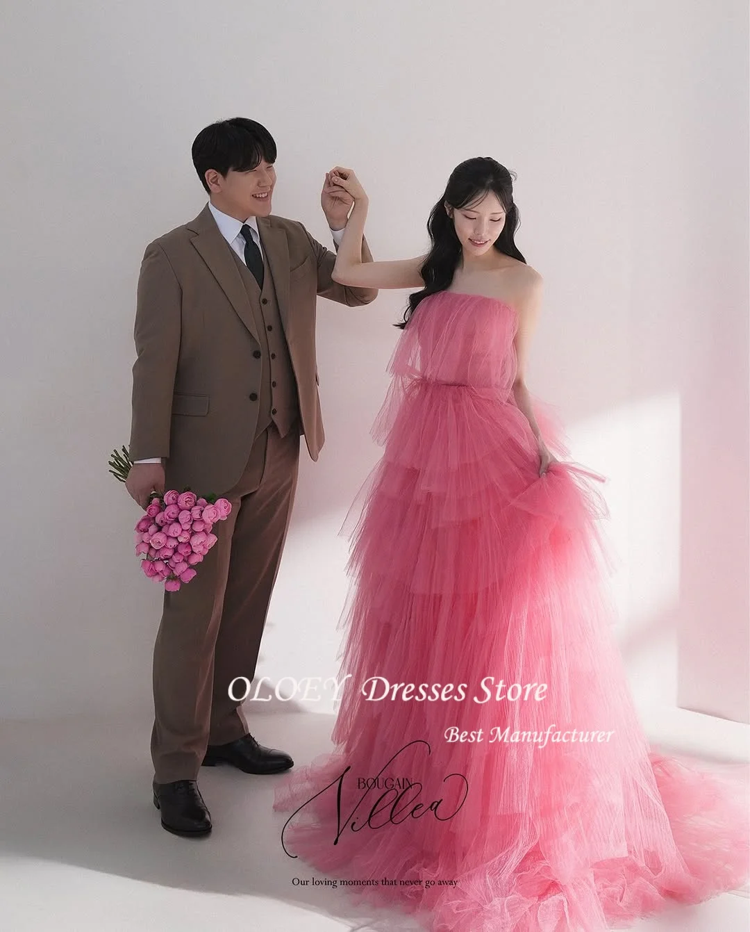 OLOEY Tiered Tulle Korea Wedding Dresses Customized A-line Pink Reception Dress Bridal Gown Photo Shoot Evening Dresses