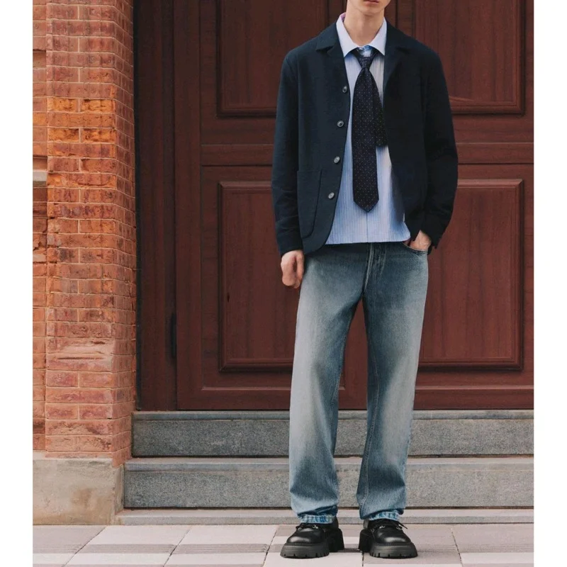 

Повседневная текстура, мужская куртка irt Jaet, осенняя новинка, прямая рубашка на одной пуговице, облегающая посадка из полиэфирного волокна, длинная полосатая па...