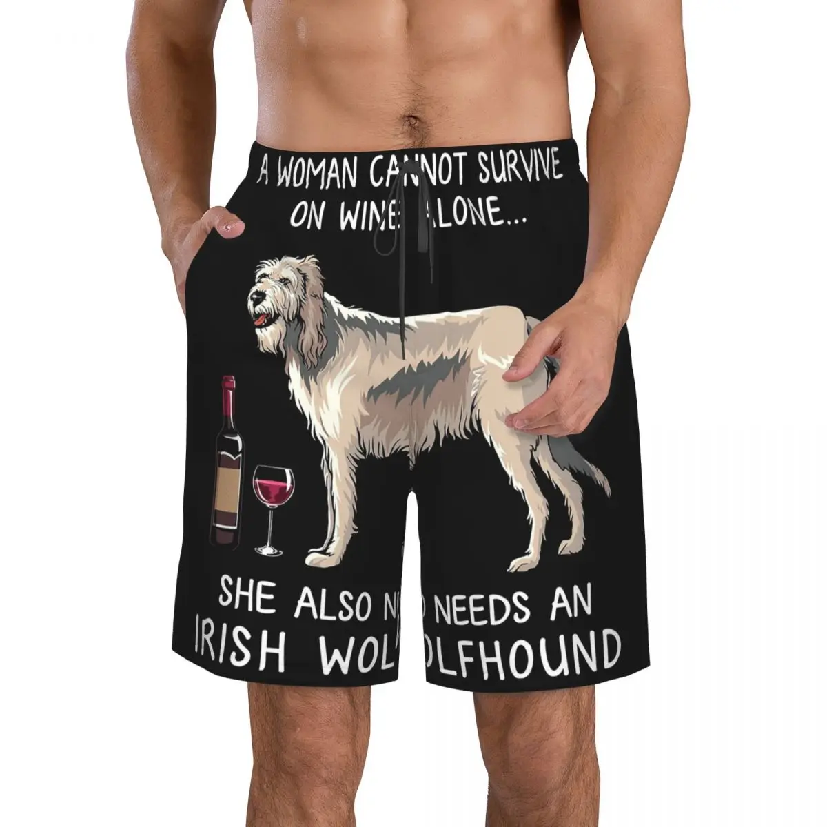 

Irish Wolfhound And Wine Funny Dog Trunks Beach Board Shorts Casual Quick Dry Swim Summer Men Pants