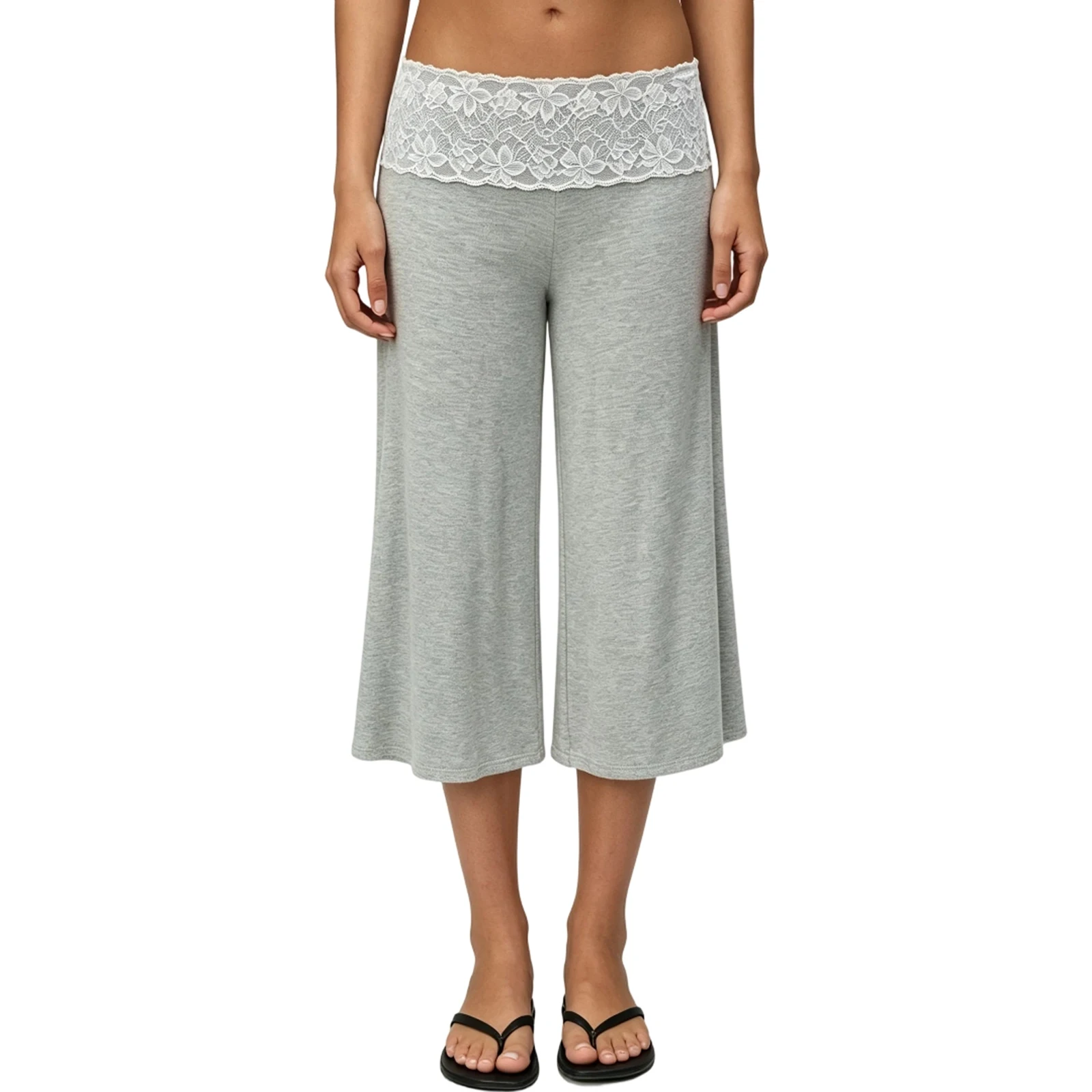 Women's Capri Pants Lace Foldover Waistband Low Rise Wide Leg Cropped Pants