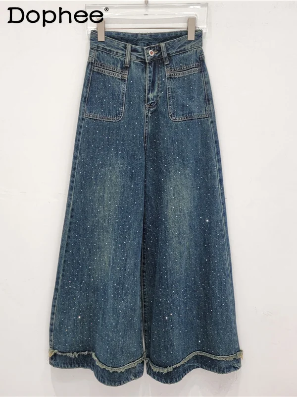 

Heavy Industry Diamond Blue Jeans for Women 2024 Autumn New Loose Casual Wide Leg Pants Mopping Pants High Waisted Jeans