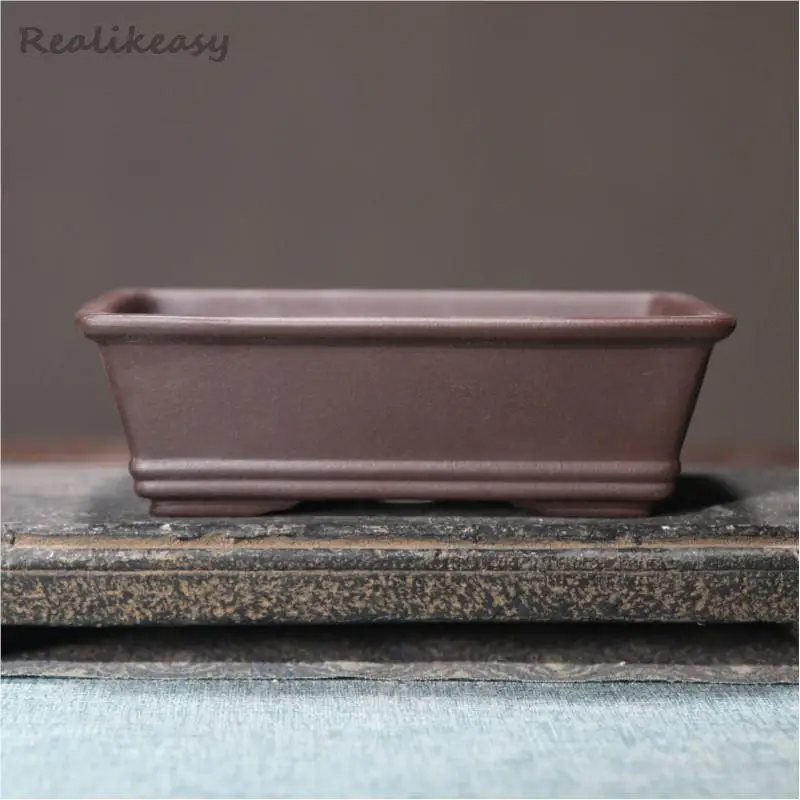 5size Purple Sand Flower Pot Square Bonsai Pot Chinese Ceramic Tabletop Potted Plant Pot Home Solid Color Decorative Flower Pot