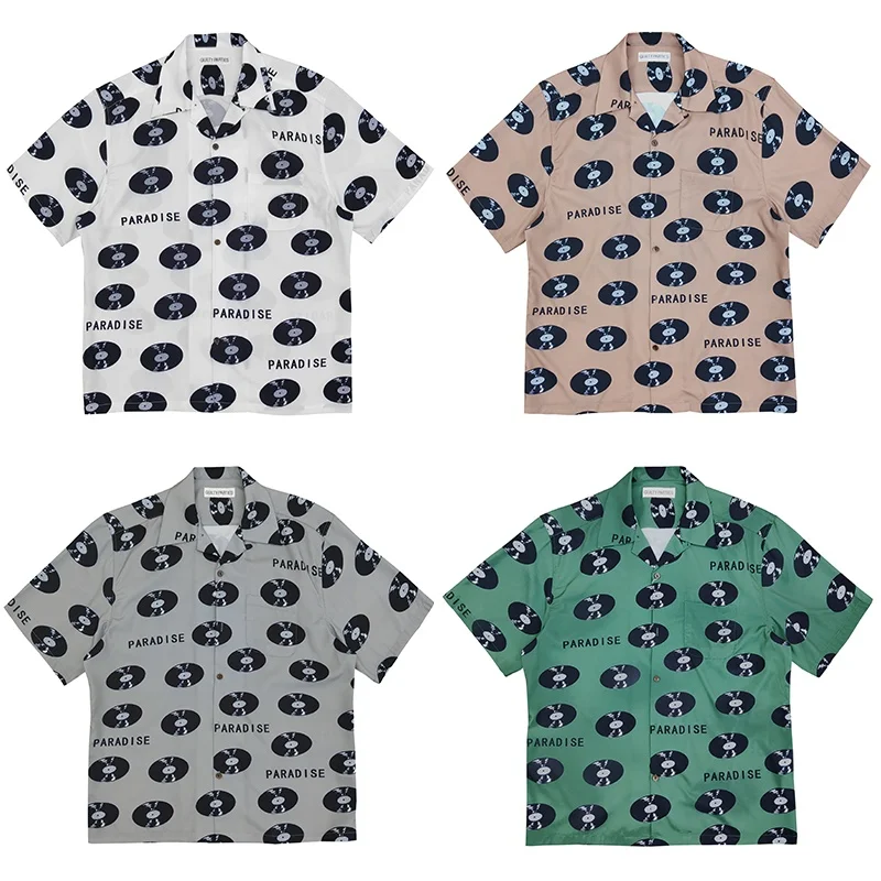 

Street Brand WACKO MARIA Vinyl Records Hawaii Short Sleeve Shirt Vintage Flip Neck Mens Womens Loose Casual Shirt