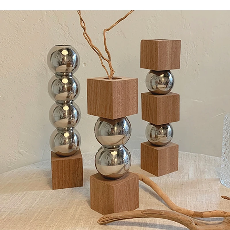 Minimalism Metal Spherical Vase Wood Base Flower Pots Desk Decoration Flowers Arrangement Crafts Floral Vases Modern Home Decor