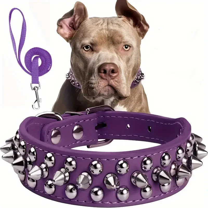 Hundehalsband- und Leinen-Set mit Spikes, Nieten-Lederhalsband, verstellbares Hundehalsband für Spaziergänge im Freien