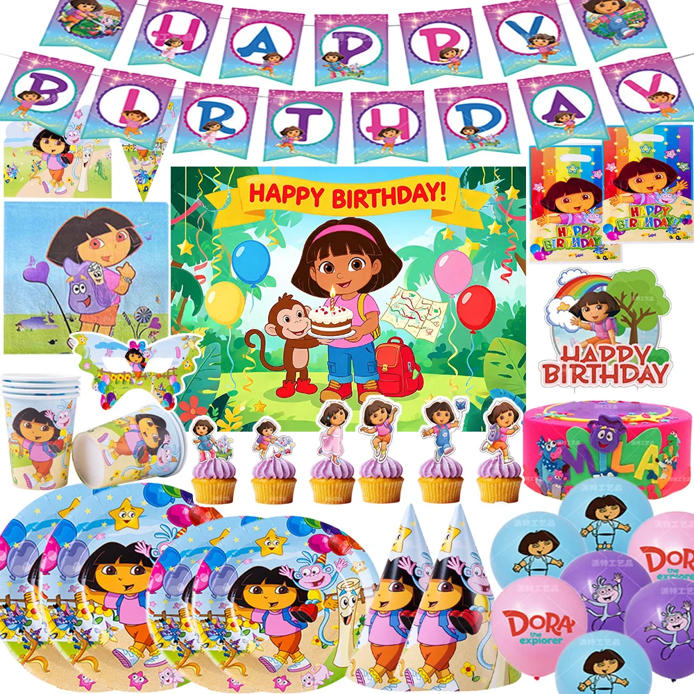Décorations de fête d'anniversaire sur le thème de Dora et des Filles Exploratrices : Assiettes, serviettes, toile de fond, ballons, décorations de cupcakes, cadeaux pour enfants