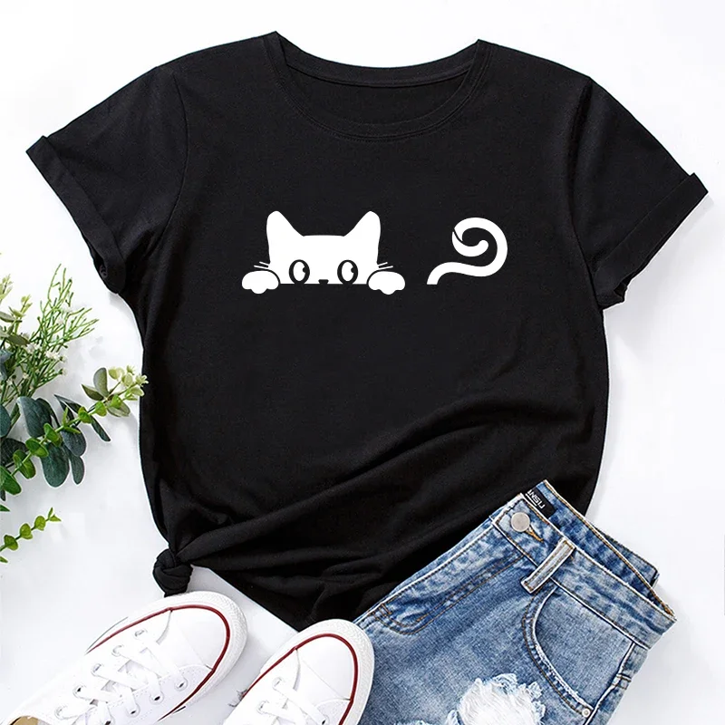 2025 mais popular feminino bonito gato camiseta de alta qualidade em torno do pescoço camisetas menina diariamente casual moda t