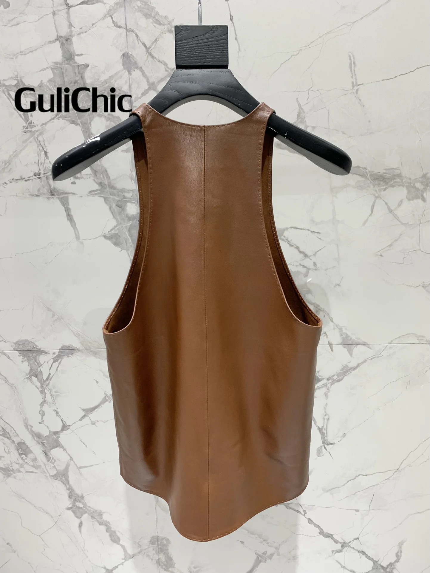 8.9 GuliChic Genuine Leather Sheepskin Vest Women\'s Clothes Fashion Sexy U-Neck  Sleeveless Handmade Stitched All-Match Tank Top