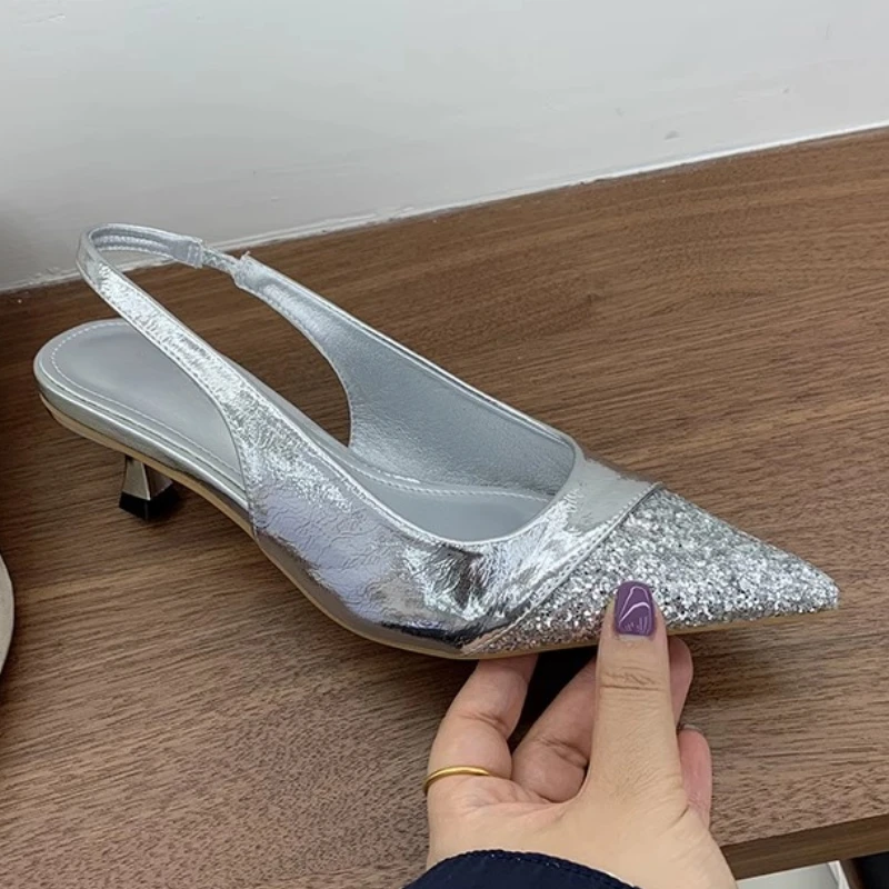 

Sexy Mid Heels Women Sandals Pointed Toe Heeled Shoes 2025 Summer Fad Tilettos Pumps Elegant Dress Slingback Sandalias De Mujer