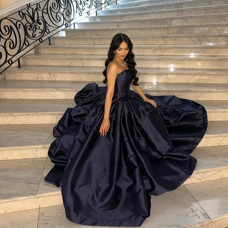 Black A-Line Prom Evening Dresses Saudi Arabia Strapless Satin Party Dress Sexy Night Cocktail Prom Gowns Customized