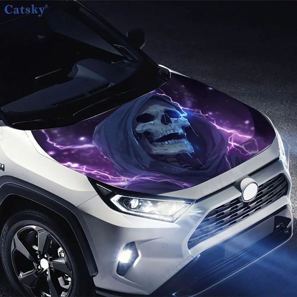 الأرجواني البرق الجمجمة غطاء السيارة ملصقات مصورة التفاف الفينيل فيلم غطاء المحرك الشارات ملصق غطاء السيارة طبقة رقيقة واقية #4