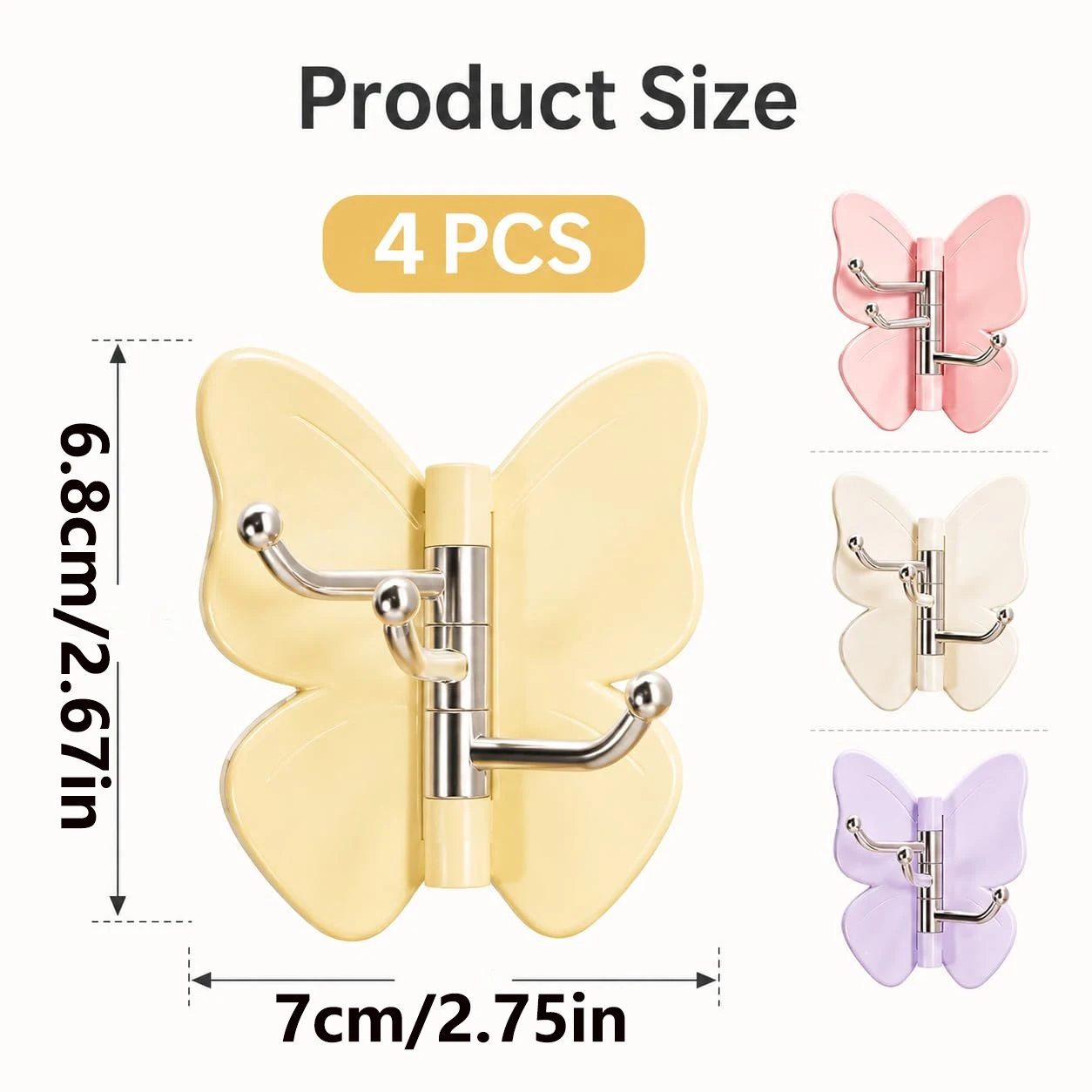 4 Pack Rotating Butterfly Adhesive Wall Hooks No-Drill 270° Swivel Rotation, Adjustable Wings, for Bathroom & Entryway