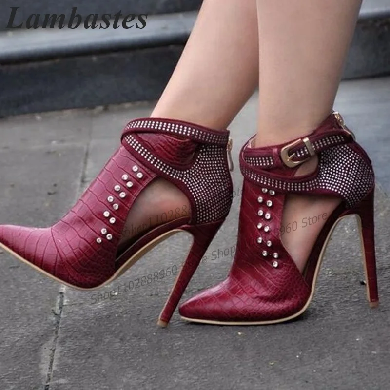 

Red Buckle Strap Crystal Rivet Decor Pumps Stilettos High Heel Women Shoes Back Zipper Pointed Toe 2023 Fashion Zapatillas Mujer