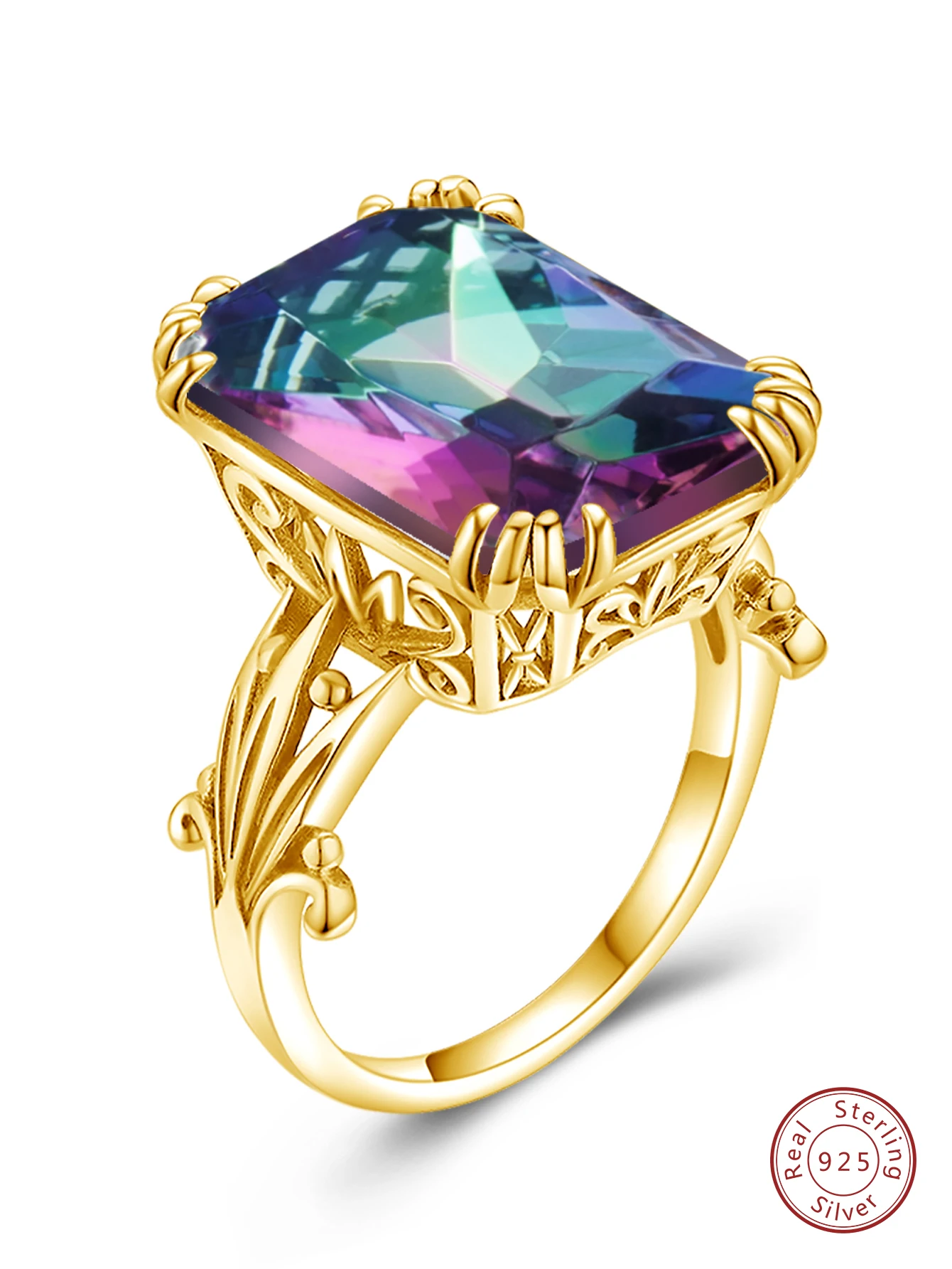 Wholesale Sailor Moon Ring Square Mystic Rainbow Lab Topaz Big Rings 925 Sterling Silver Jewelry for Bridal Wedding Vintage Gift