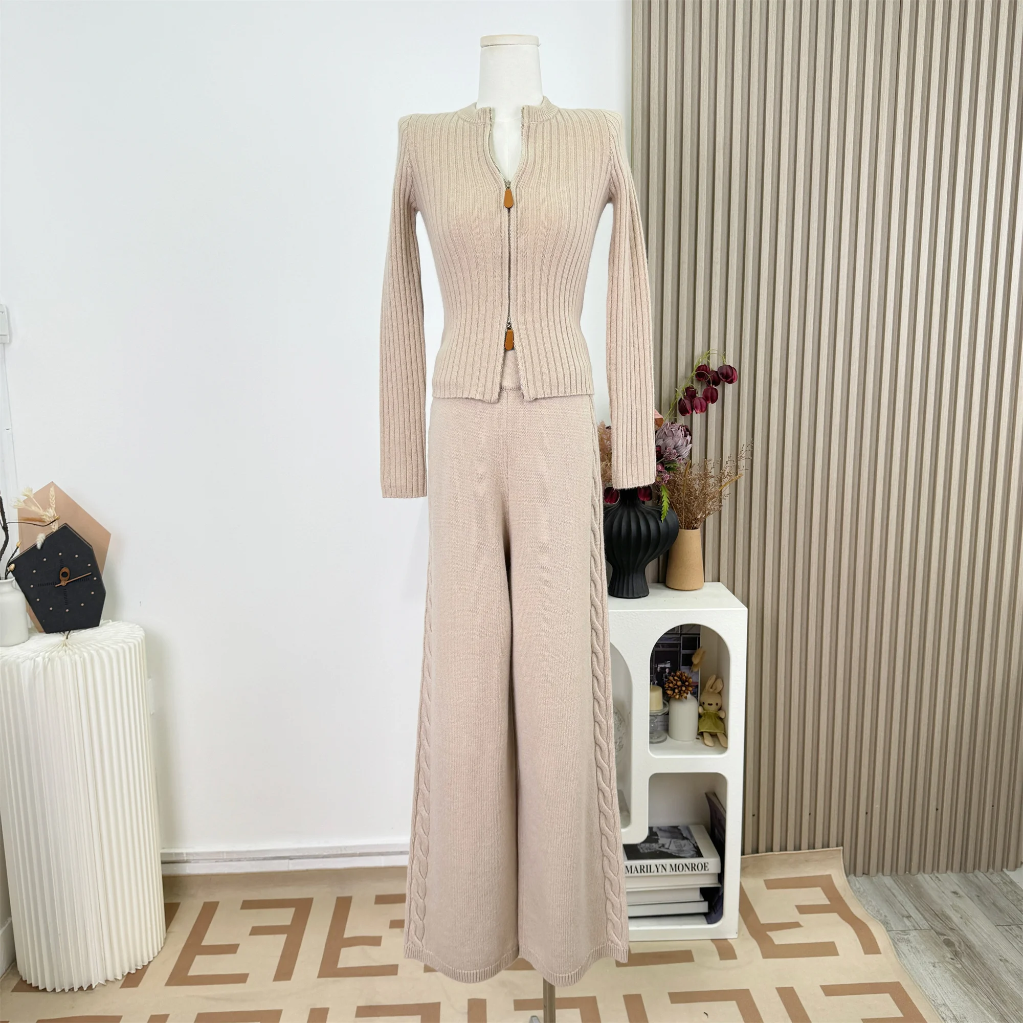 

Casual Cashmere Knitted Open Cardigan Top Women's Autumn Winter Set Long Sleeve Sweater And Long Twist Pants F348