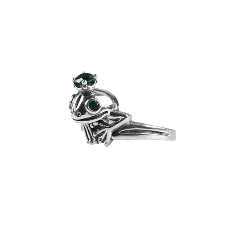 Vintage Silver Color Frog Prince Rings for Men Women\'s Inlay Green CZ Zircon Crystal Frog Animal Adjustable Rings Punk Jewelry