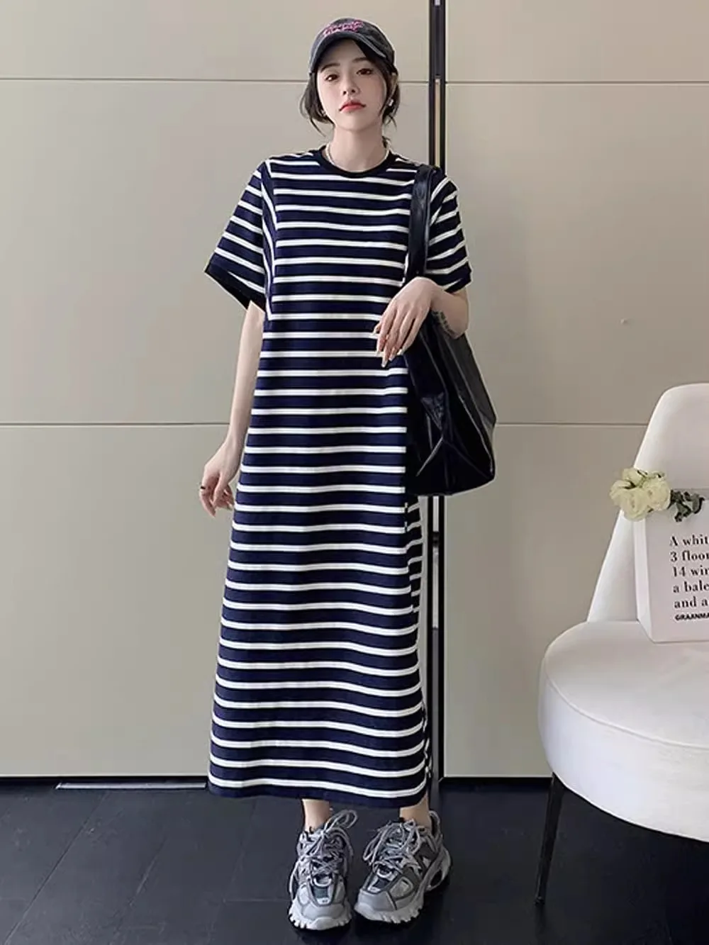 فستان نسائي كوري صيفي جديد من فيستدوس رداء Elbise فضفاض مقاس كبير من القطن بأكمام قصيرة مخطط فساتين طويلة غير رسمية لمنتصف الساق #1