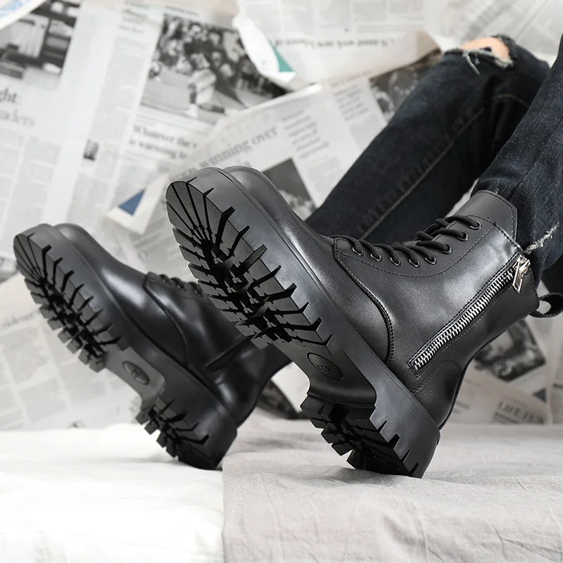 2023 Autumn Winter Shoes Men Genuine Leather Boots Thick Sole Warm Plush Cold Winter Cow Leather Male Ankle Botas Black A4867