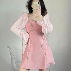 Mini Vintage Dress Women Square Collar Elegant Korean Long Sleeve Casual Dresses Sweet Pink Short Skirt