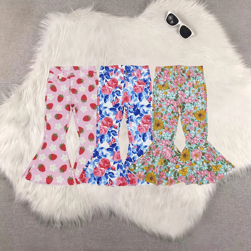 

P0466 Wholesale New Arrival Hot Sale RTS jeans Pink Flowers Blue Leaves White demin jeans Boutique new arrival baby girl clothes