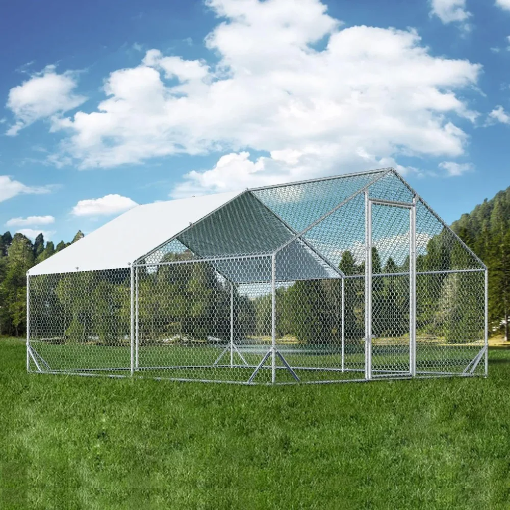 

Large Metal Chicken Coop with Run Walk-in Poultry Cage Chicken Runs House Pen Cage Spire Roofed Chicken Coops with Anti-Ultravi