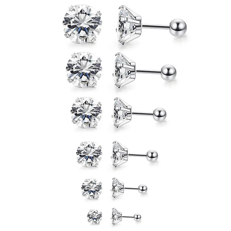 Stainless steel new design four claw round cut cubic zirconia female hypoallergenic male jewelry small earrings 6 pairs