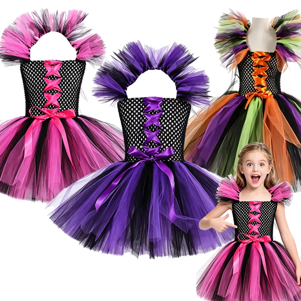 Girls Witch Halloween Costume Colorful Hot Pink Purple Tulle Tutu Dress With Hat Broom