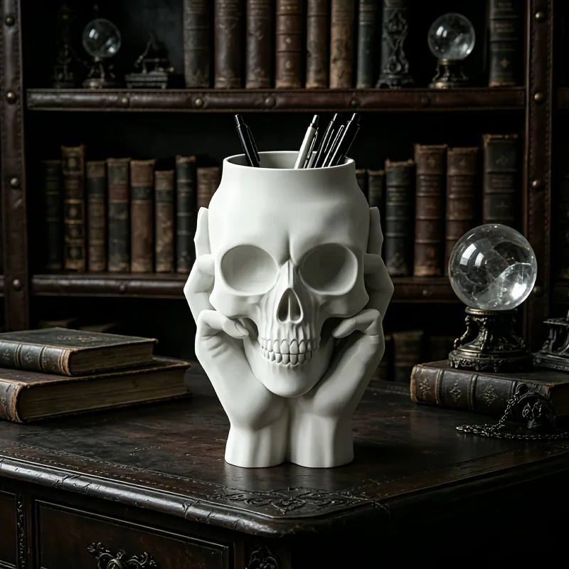 Skull Pen Holder Halloween Pencil Storage Skull Hand Pencil Cup Desktop Organizer Pens Spooky Home Decor Table Ornament