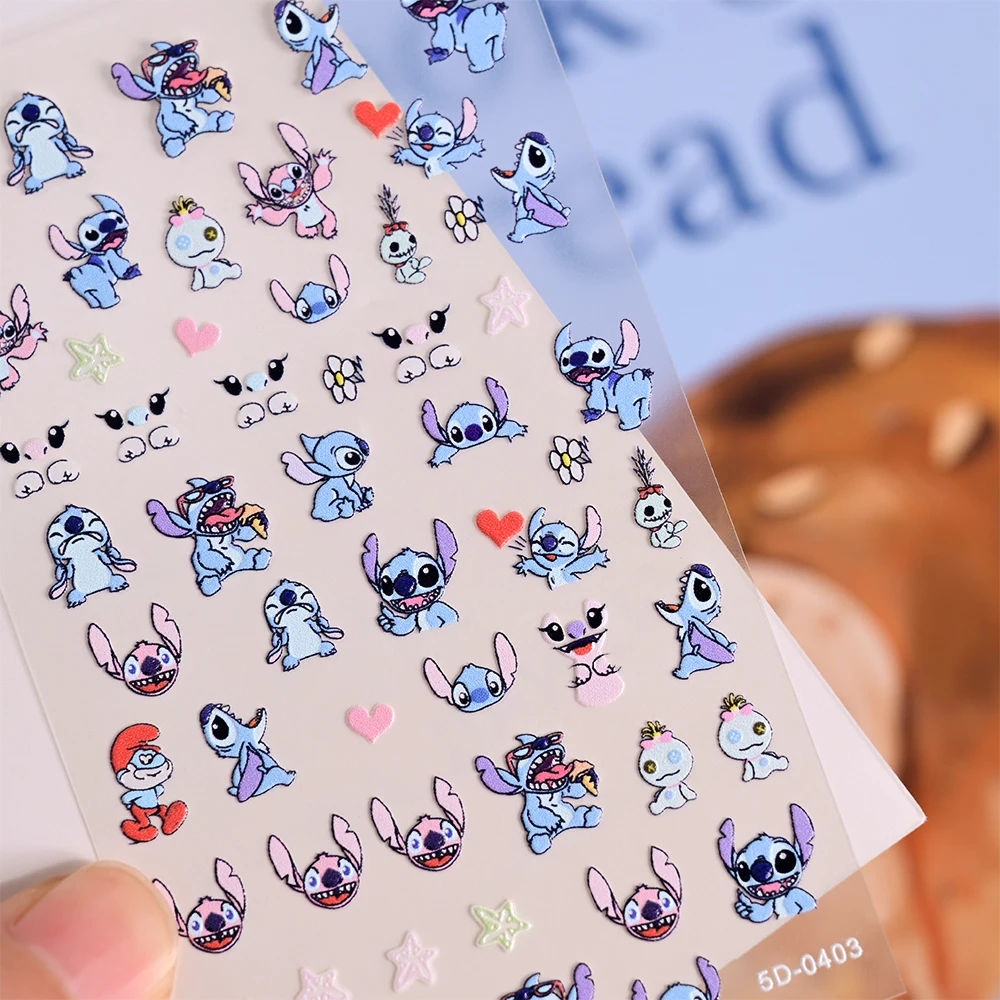 5D tłoczone kreskówki Mini Stitch naklejki na paznokcie wiele wyrażeni akrylowe naklejki na paznokcie śliczne postać z Anime Y2K suwaki do Manicure