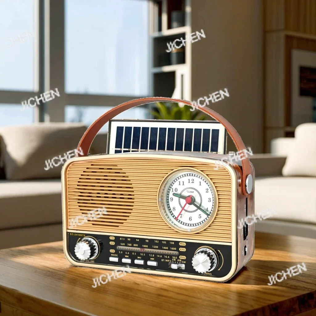 HS Tragbare Vintage-Uhr, Vollband-Solar-Multifunktionsradio, Bluetooth-Player, 2410S