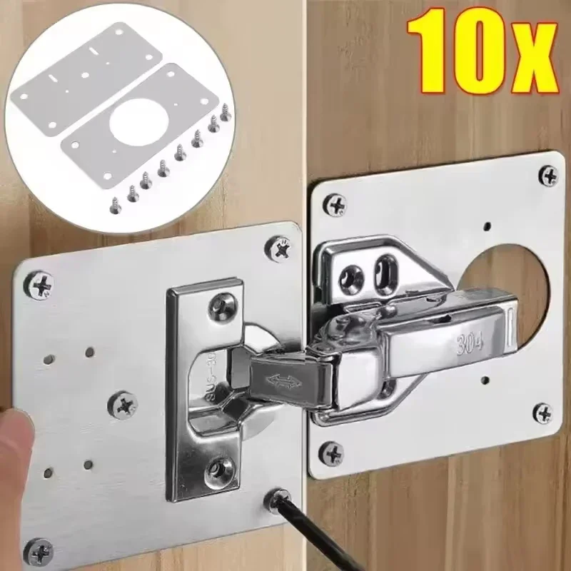 2/10Sets Cabinet Hinge Repair Plate Kits Door Hinge Mounting Plate with Holes for Home Kitchen Cupboard Furniture