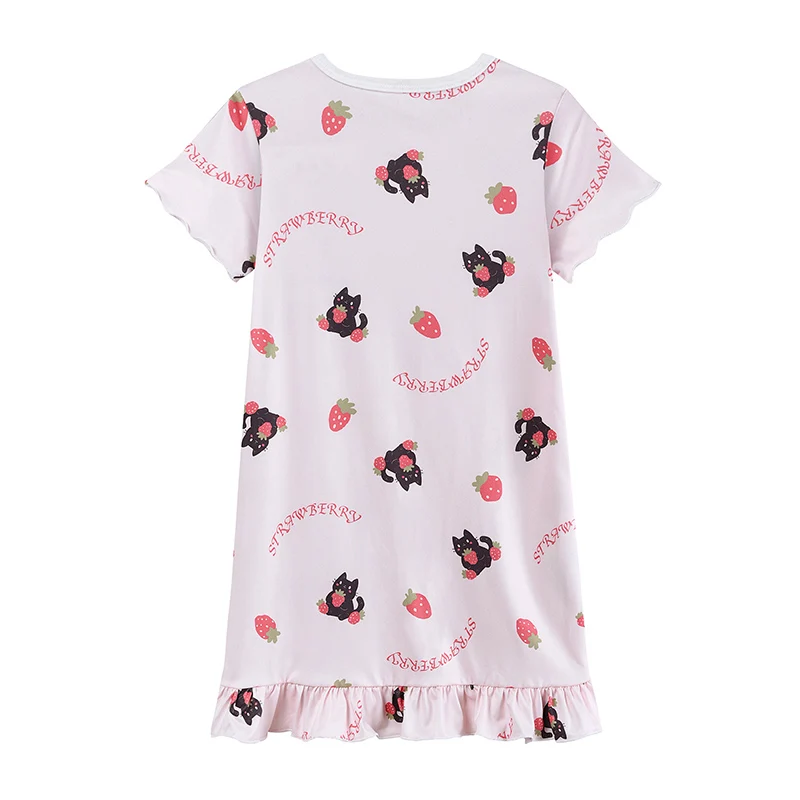 Little Hand Children Casual Nightgown Cat Strawberry Printed Short Sleeve Ruffle Hem Loose Summer Pajama Dress for 3-10T Girls