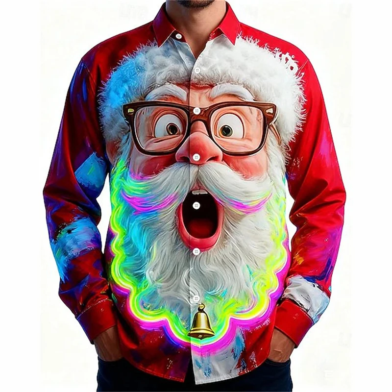 2026 Surprising Santa Claus Funny Print Christmas Button Shirt Men Christmas New Year Party Holiday Long Sleeve Top New Trend