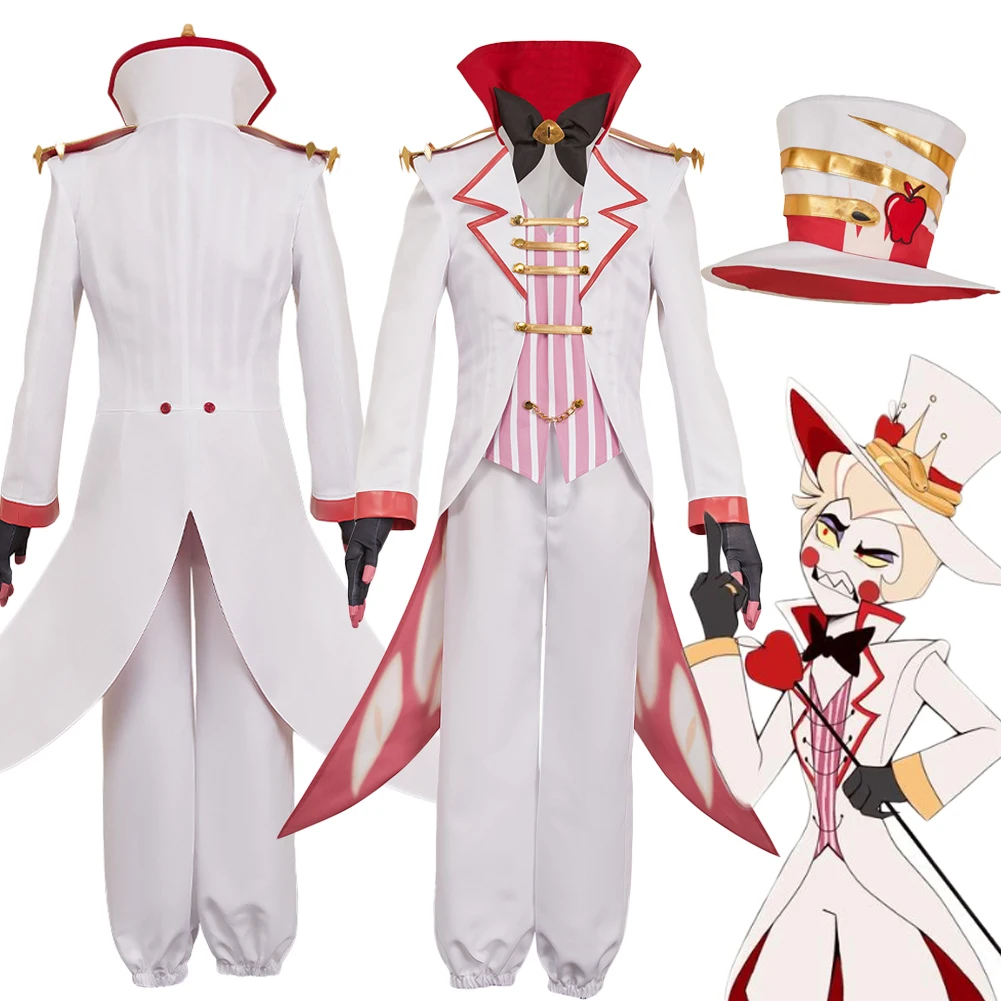 Disguise Lucifer TV Hell Inn Hotel Cosplay White Suit Hat Costume Clothes Set Adult Men Uniform Outfits Halloween Carnival Party