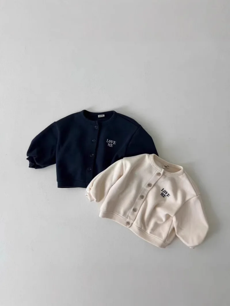 Jaket kardigan lengan panjang bayi, baju mantel kasual anak perempuan bayi katun jaket serbaguna bordir huruf lengan panjang baru musim gugur 2025