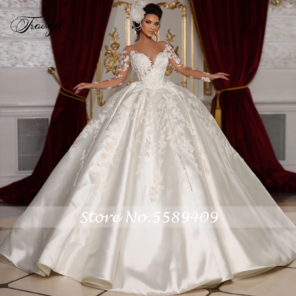 Traugel Sexy Illusion Long Sleeve Beaded Ball Gown Wedding Dresses Exquisite Appliques Court Train Matte Satin Bridal Gown