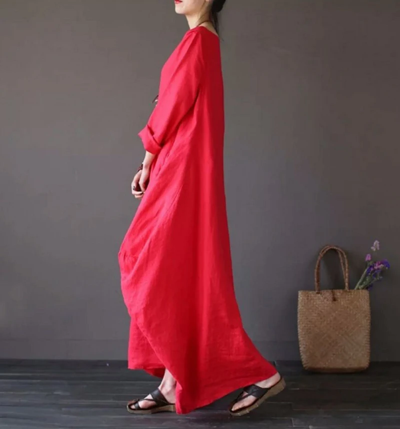 dress irregular autumn 2022 Spring New Loose Size Round Neck Mid-Sleeve Large Swing Cotton And Linen Long Dress