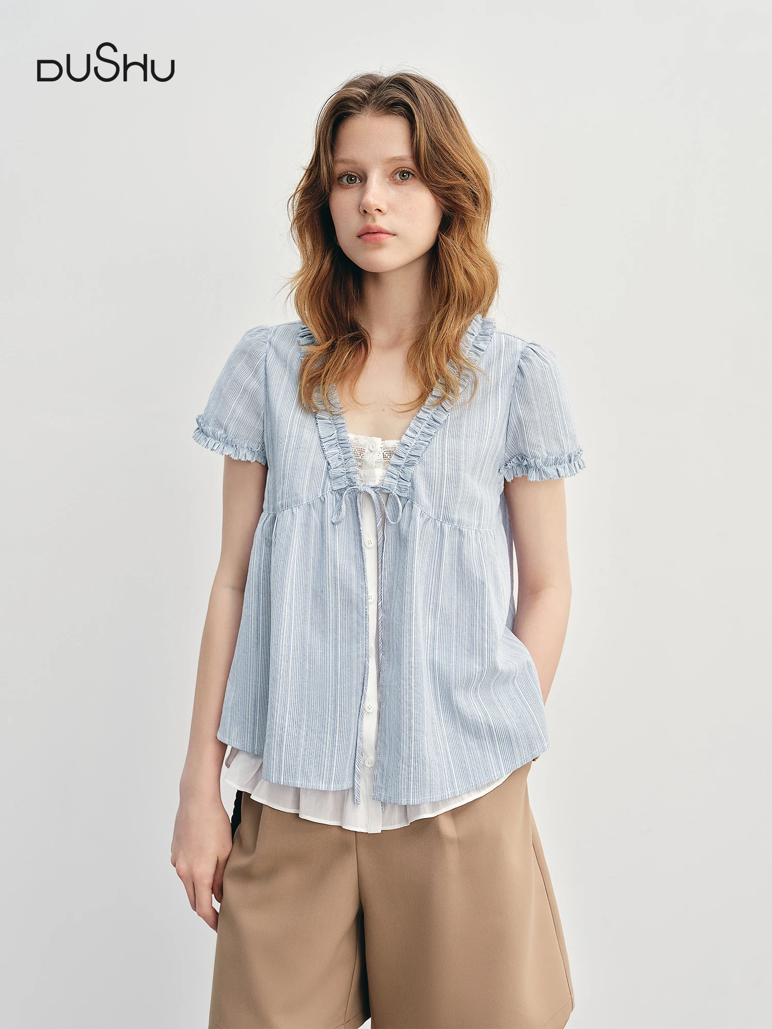 

DUSHU Ruffled Fake Two-piece Shirt 2025 Summer New Striped Blue Top Shirt 25DS88015