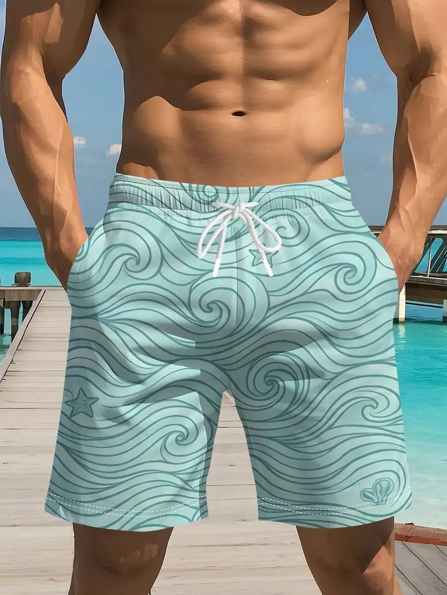

Mens Beach Shorts Light Blue Wavy Ripple Starfish Seashell Print Quick Dry Casual