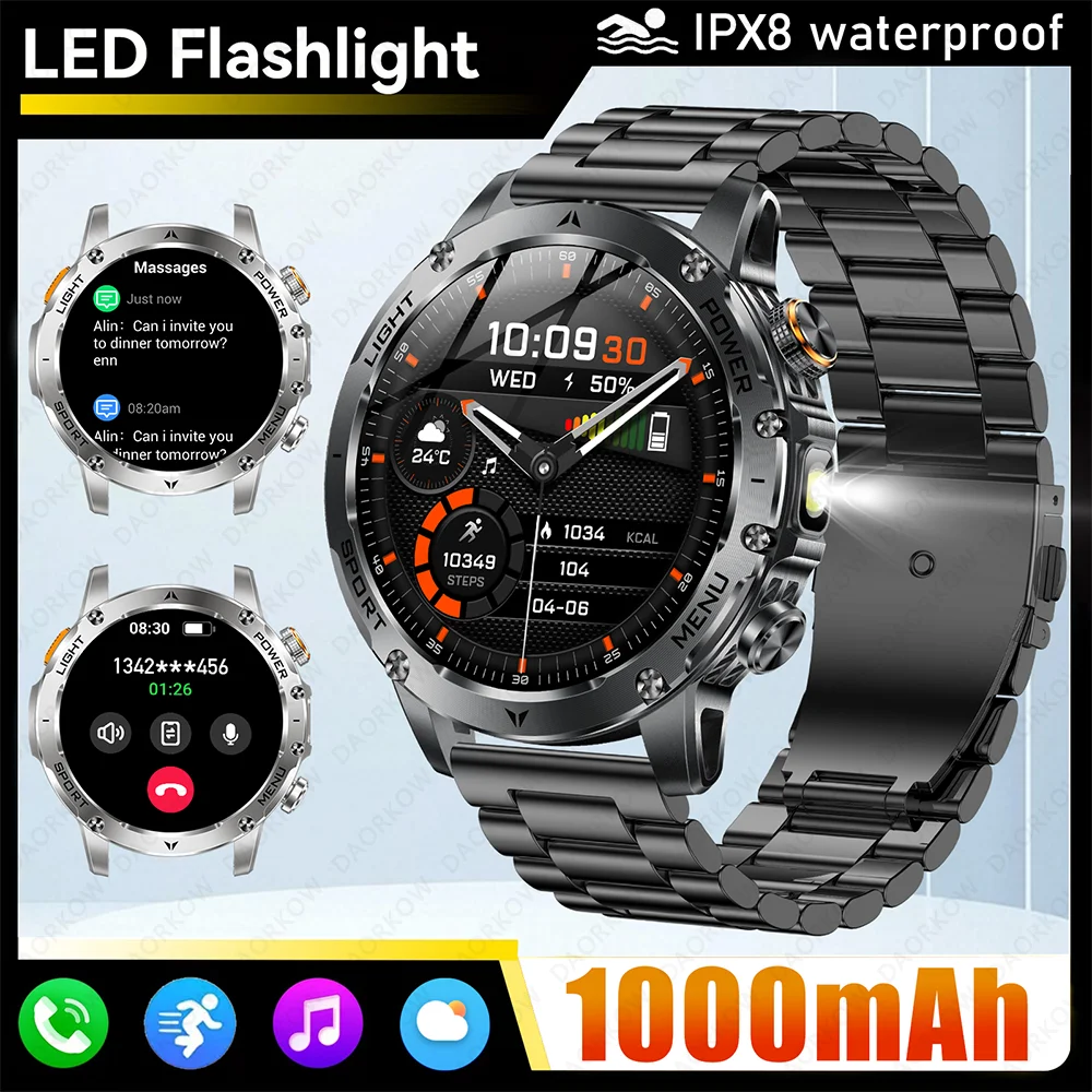 

Новинка 2025 года для HUAWEI Xiaomi 1000 мАч AMOLED Смарт-часы Мужчины Спорт Фитнес Светодиодный фонарик IPX8Водонепроницаемый BT Вызов 100+ спортивных режимов