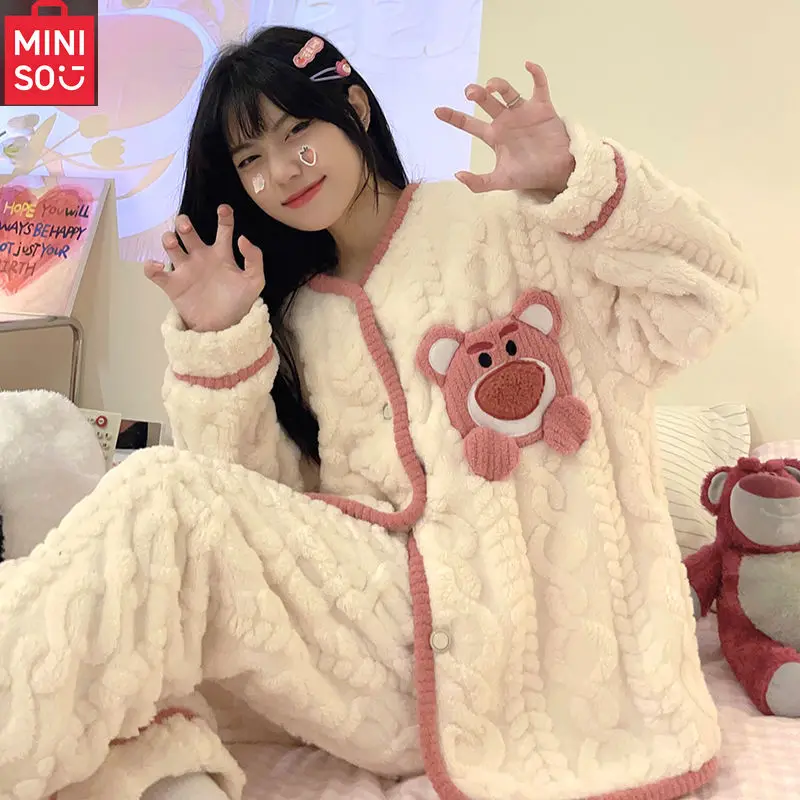 

MINISO New Autumn and Winter Ins Strawberry Bear Fleece and Thickened Home Clothing Set for Women