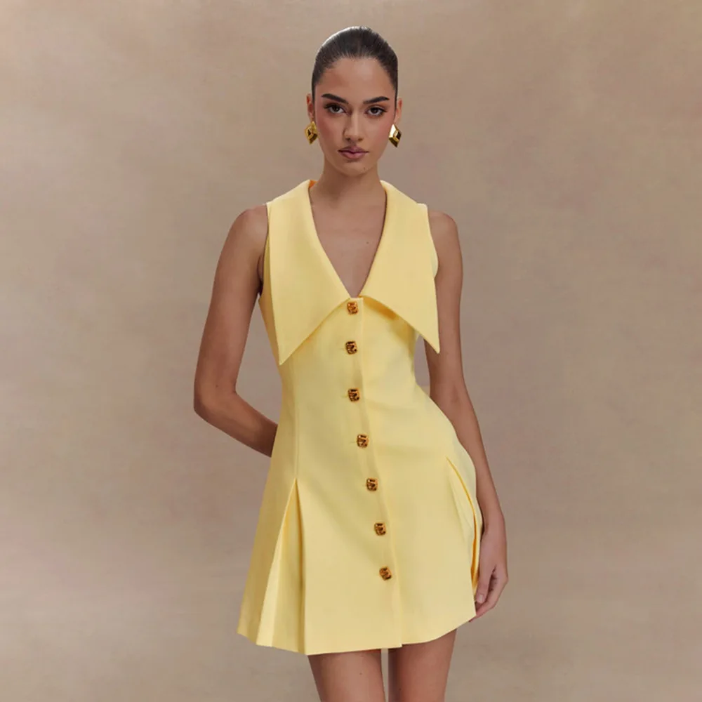 ผู้หญิงฤดูร้อน Vintage A-Line ชุดมินิแขนกุดคอปกปุ่มด้านหน้า Smocked เอว Fluted Hem ค็อกเทลปาร์ตี้ชุด
