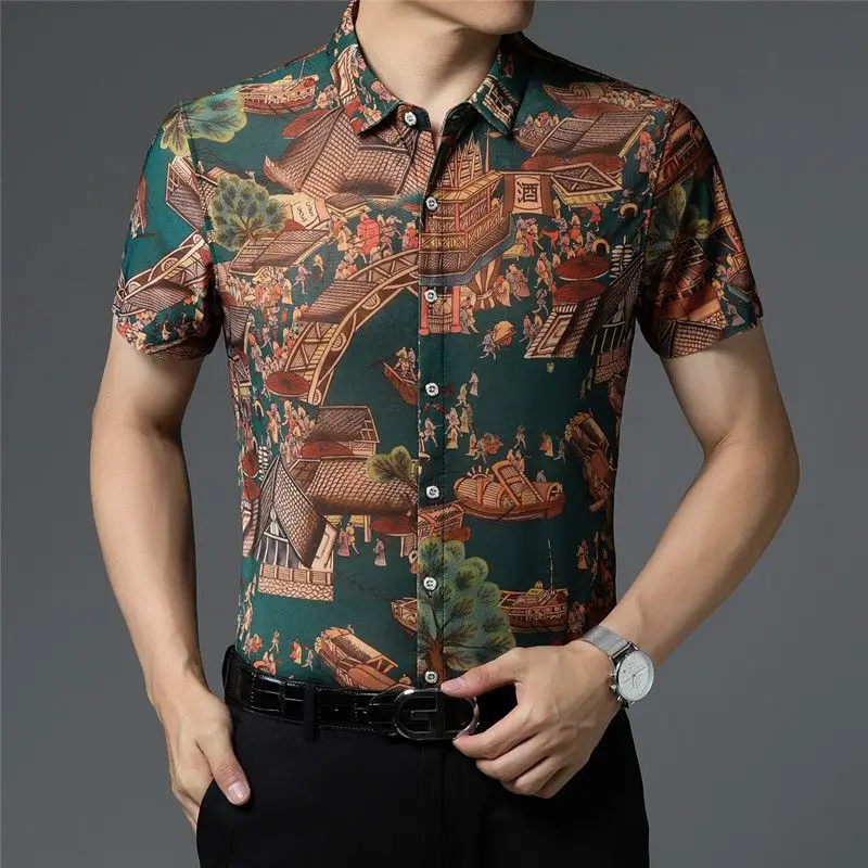 

Vintage Printed Lapel Button Tie Dye Short Sleeve Shirt Men's Clothing 2023 Summer New Oversized Casual Tops Loose Korean Shirts