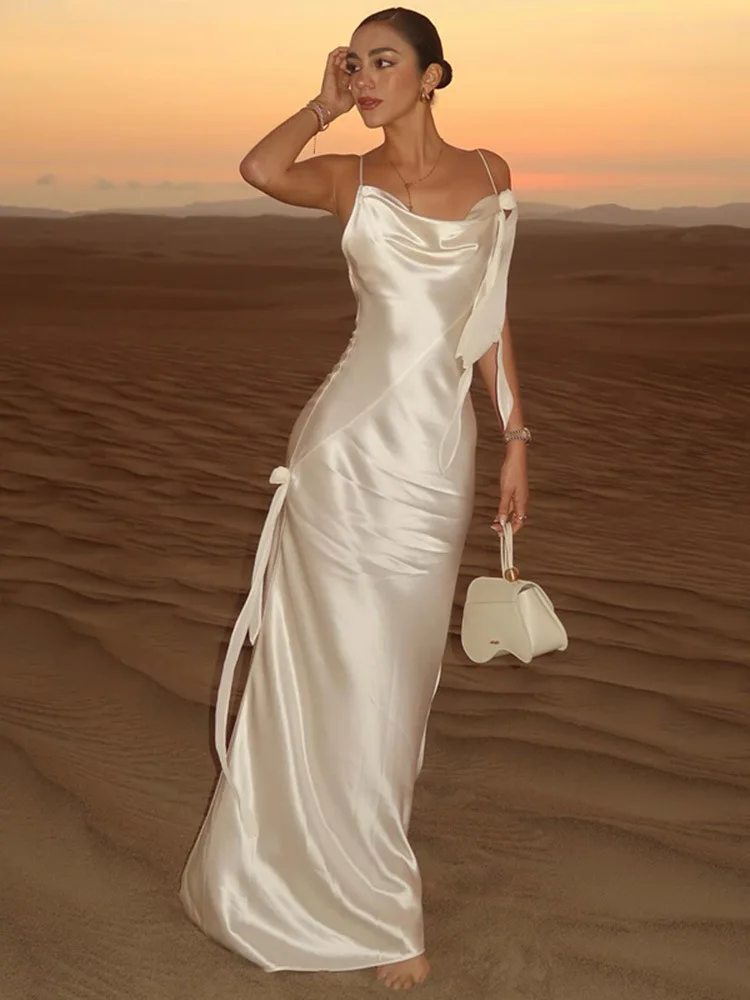 HG Elegant 3d Flowers Backless Dress Women Bodycon Swing Collar Sleeveless White Sling Maxi Robe Summer Lady Evevning Vestidos view 3